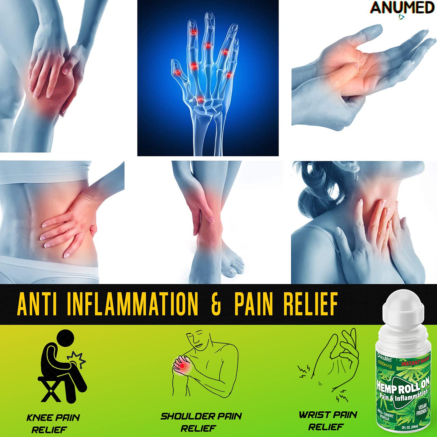 ANUMED Hemp Roll-On 4000mg Pain Relief. Fast Acting, Long Lasting, Maximum Strength with Arnica + Turmeric for Anti-Inflammatory, Natural Recovery, Joint, Muscle, Nerve Pain Reliever 2 Packs of (1oz) AnuMed InternationalBuy Supplements Australia