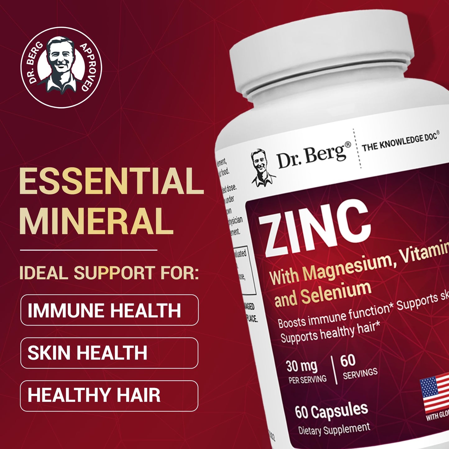 Dr. Berg Zinc 30mg Enhanced with Magnesium, Vitamin D3, Selenium, & Copper - Zinc Supplements for Men & Women - Chelated Zinc for Immune, Skin