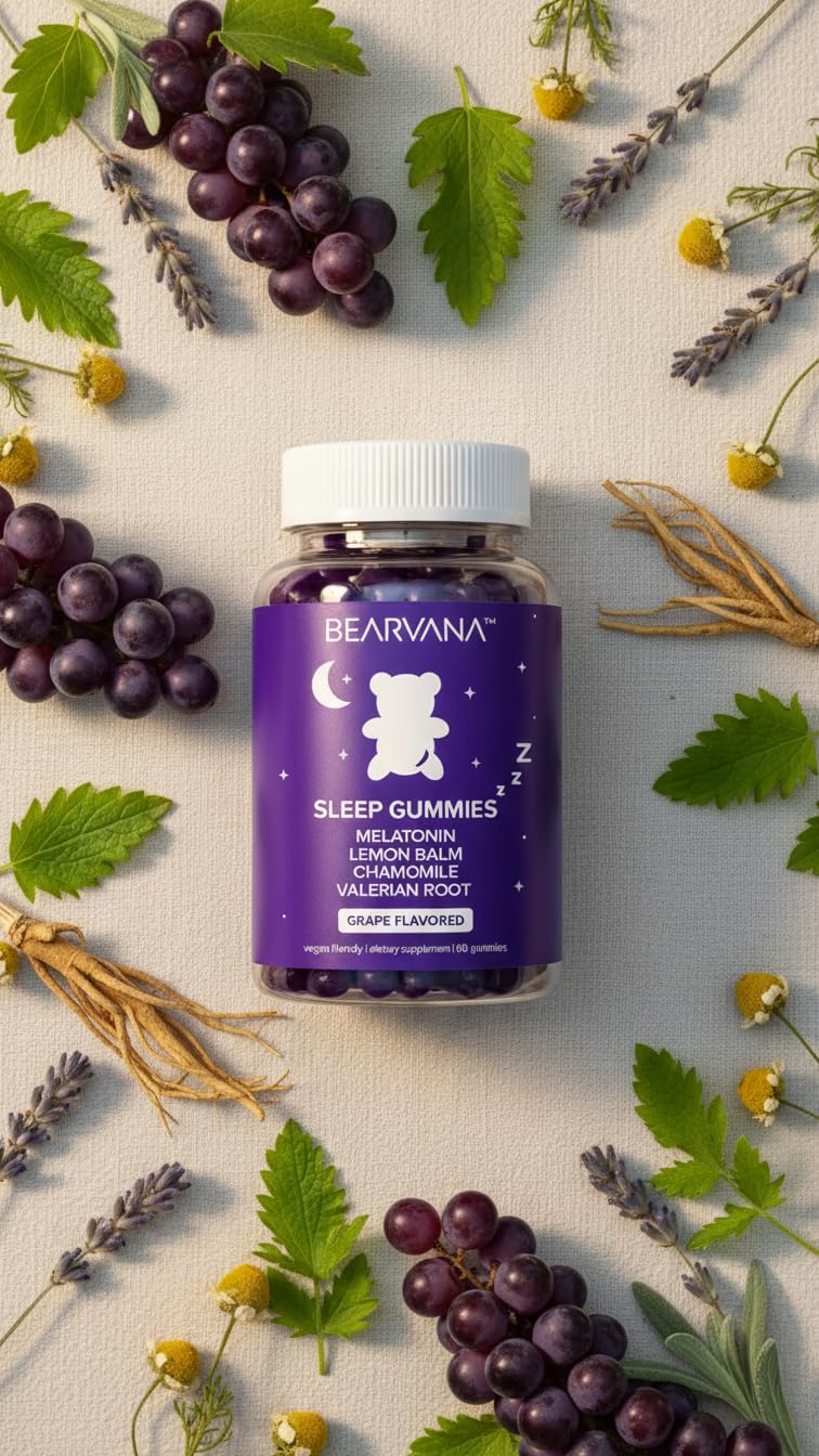 BEARVANA Sleep Gummies with Melatonin | Grape Flavored Vegan Sleep Supplement with Lemon Balm, Chamomile & Valerian Root | Night time Relaxation & Rest Support | 60 Gummies BEARVANABuy Supplements Australia