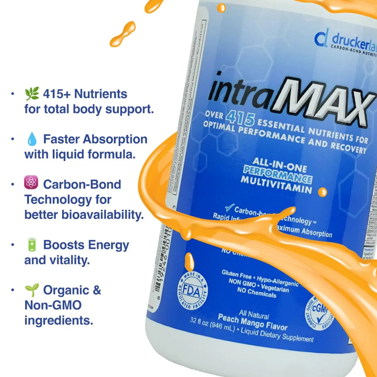 Drucker Labs - intraMAX Organic Liquid Multivitamin, Non GMO, Dairy Free, Gluten Free, Magnesium, Vitamin D, C and E, Zinc (32 oz., Peach Mango) Drucker LabsBuy Supplements Australia