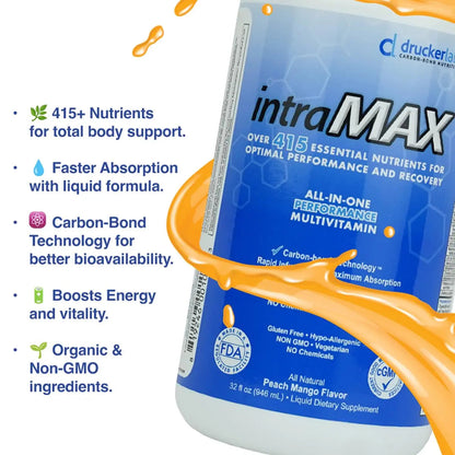 Drucker Labs - intraMAX Organic Liquid Multivitamin, Non GMO, Dairy Free, Gluten Free, Magnesium, Vitamin D, C and E, Zinc (32 oz., Peach Mango) Drucker LabsBuy Supplements Australia