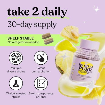 Lemme Purr Vaginal Probiotics for Women - Promotes pH Balance, Healthy Vaginal Odor & Urinary Tract Health w/Lactobacillus Blend, Clinically Tested Strains, Pineapple & Vitamin C - 60 Veggie Capsules LemmeBuy Supplements Australia