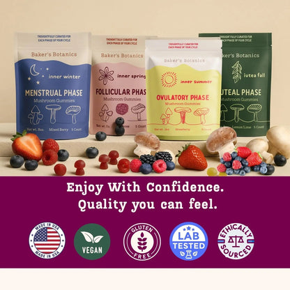 Period ovulatory & PMS Support Supplement for Women – Hormone Balance + 4-Phase Menstrual Cycle Kit | Vegan Functional Mushroom Gummies by Baker’s Botanics (Pack of 6)(30 Gummies) Baker's BotanicsBuy Supplements Australia