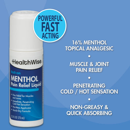 HealthWise 16% Menthol Roll-On | Cold Hot Sensation | Pain Relief Liquid | 2.5 oz. 73 mL | Non-Greasy Formula | Immediate Penetrating Action | Topical Analgesic HealthWiseBuy Supplements Australia