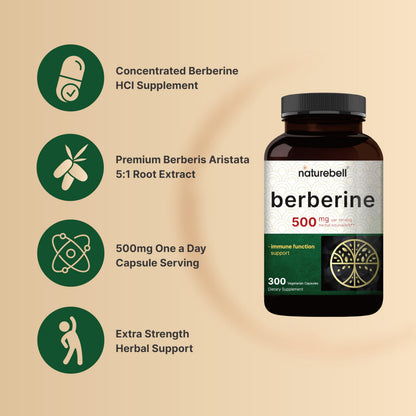 Berberine Supplement 500mg | 300 Veggie Capsules, 97% Pure Berberine HCL – 5:1 Root NatureBellBuy Supplements Australia