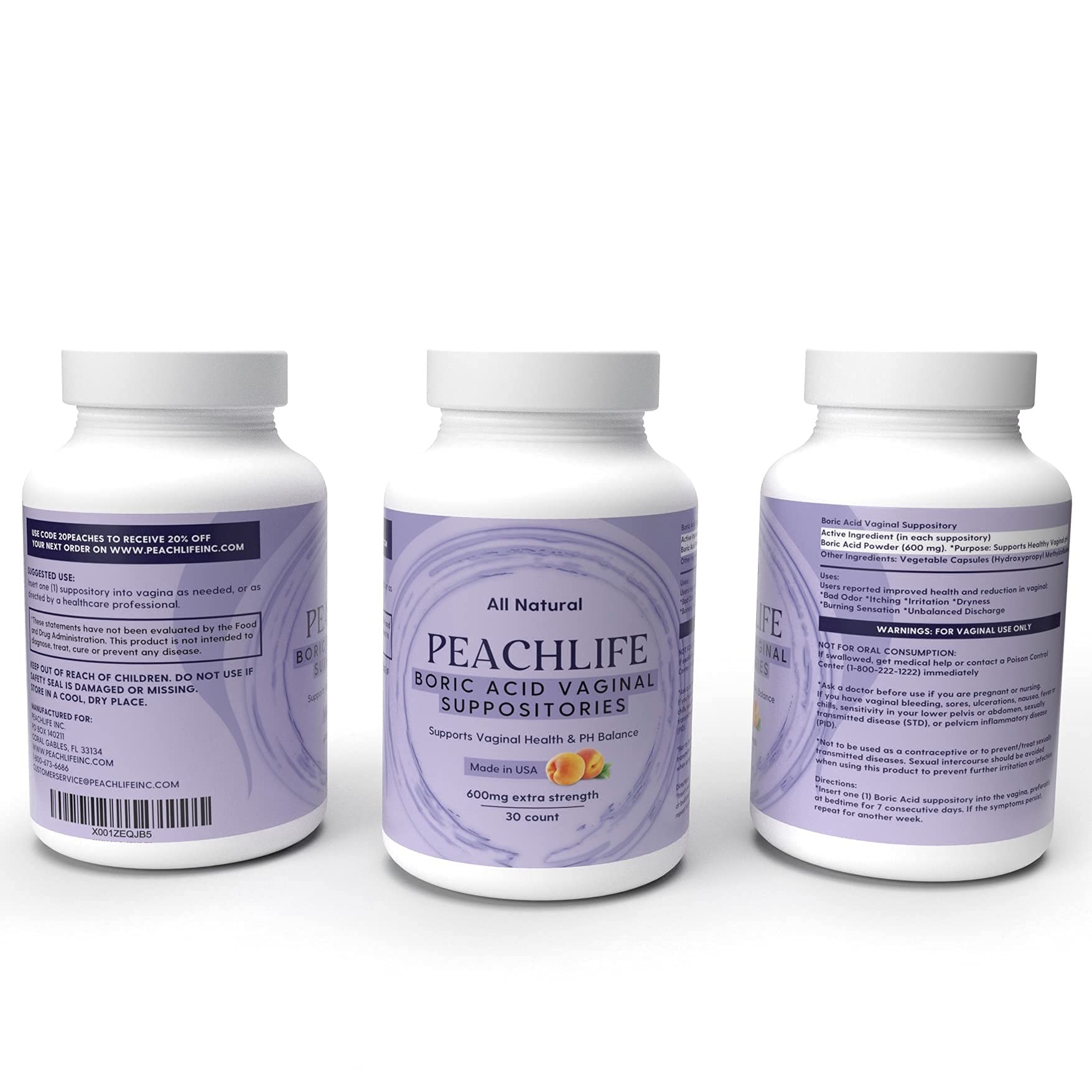 Peachlife Boric Acid Suppositories in Vegetable Capsules - USA Made - Vaginal pH PeachlifeBuy Supplements Australia