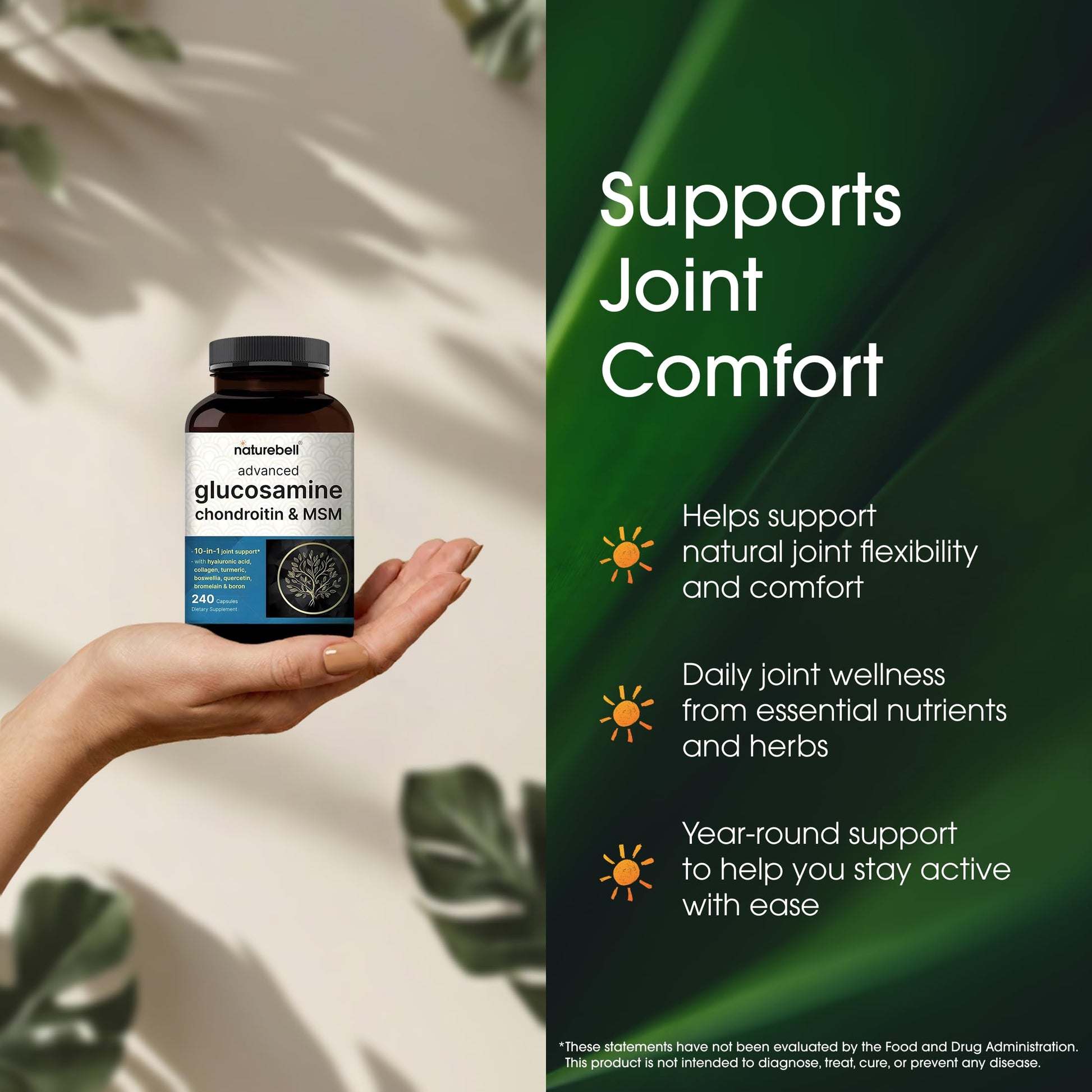 NatureBell Advanced Glucosamine Chondroitin & MSM - 240 Capsules - 10-in-1 Joint Support Complex* - Includes Hyaluronic Acid, Turmeric, Glucosamine, Collagen & More NatureBellBuy Supplements Australia