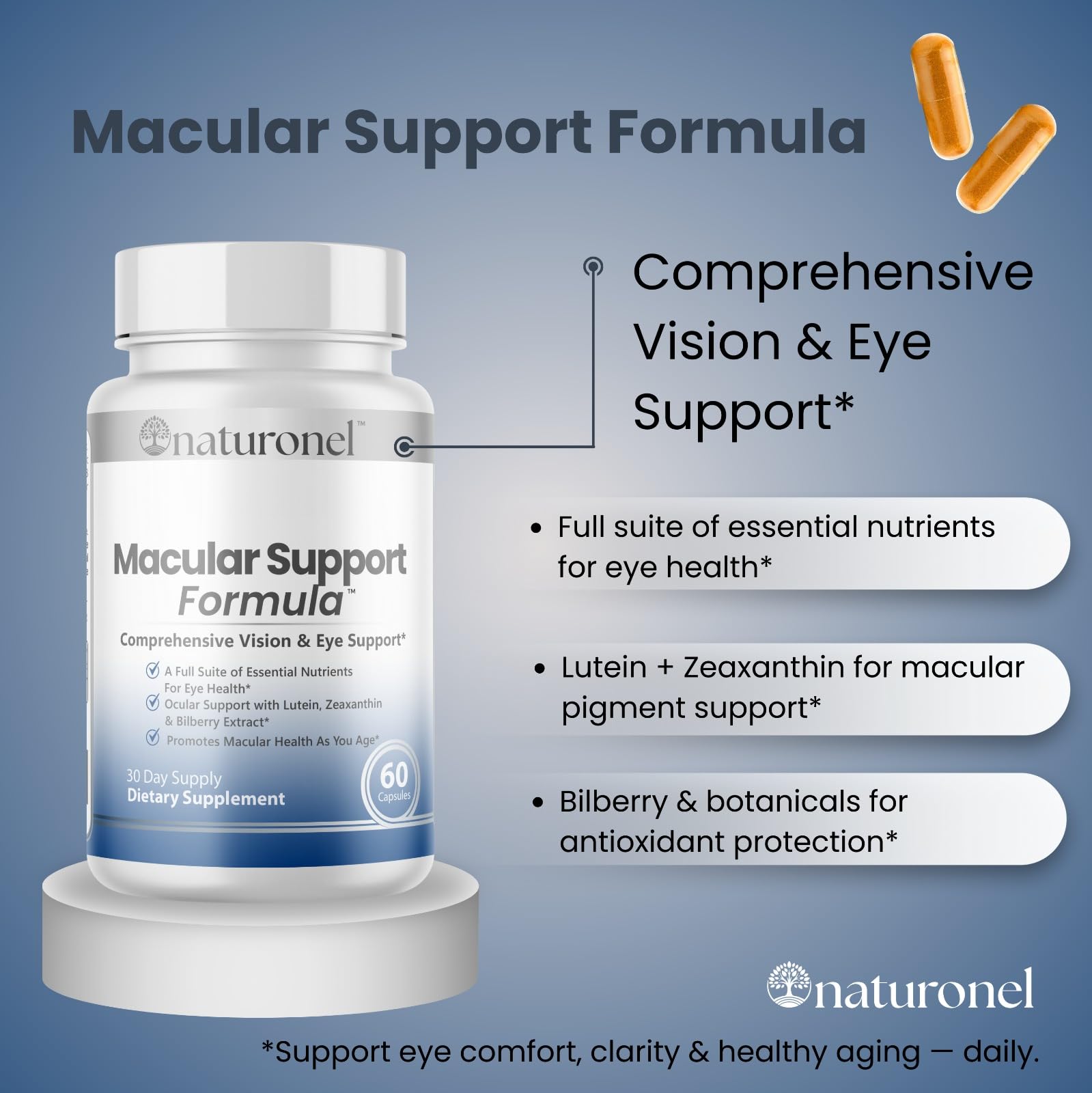 Naturonel Macular Support Formula – Vision & Eye Health with Lutein, Zeaxanthin, Bilberry, Eyebright & Antioxidants | Non-GMO, Made in USA, GMP Certified – 60 Capsules, 30 Day Supply (1) NaturonelBuy Supplements Australia