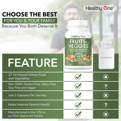 Fruits & Veggies Formula - 27 Premium Whole Foods - Organic Ingredients - Equals 3 Servings of Fruits & Vegetables - Improve Energy, Focus & Immune Function - Fiber - Antioxidants - 150ct (75 Serv) Healthy OneBuy Supplements Australia
