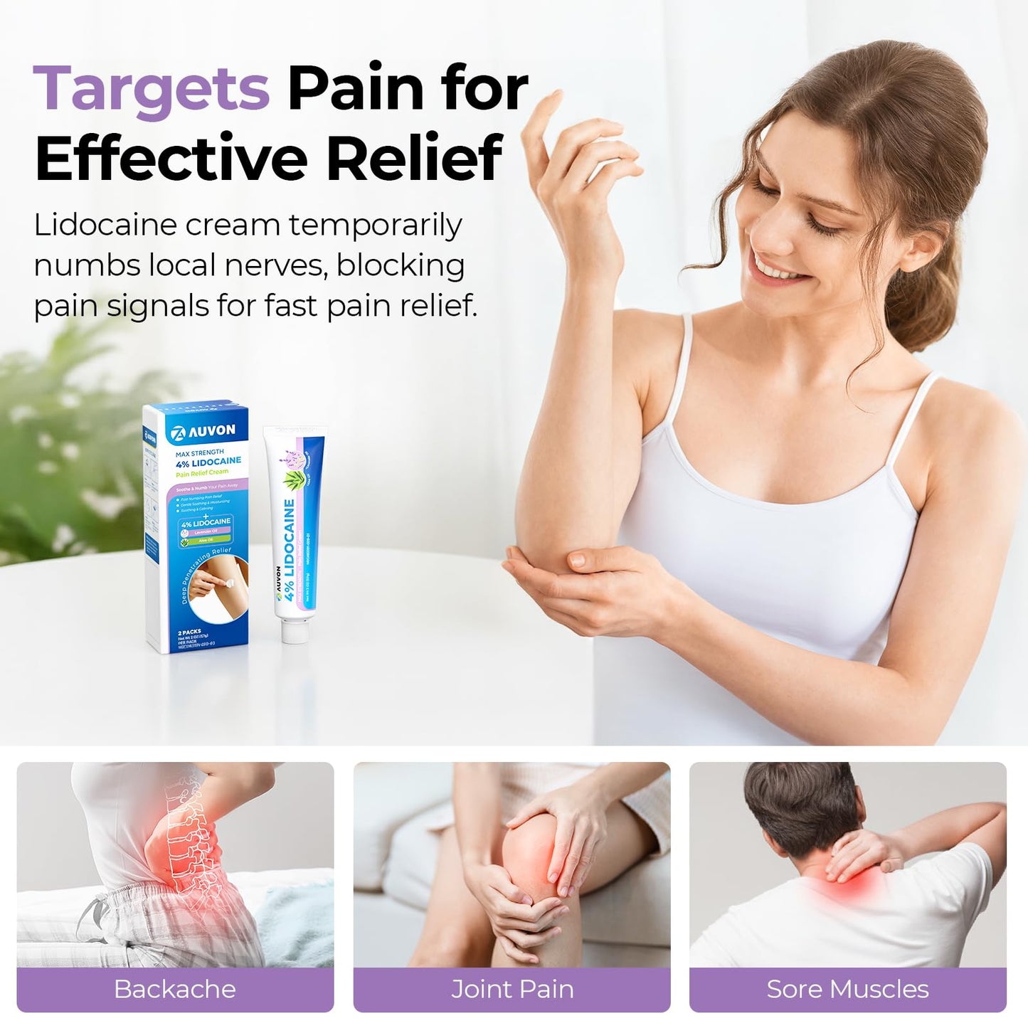 AUVON Max Strength Lidocaine Pain Relief Cream with Lavender & Aloe Vera, Numbing Cream for Minor Arthritis Pain, Soothing Muscle for Neck, Shoulder, Hip, Knee, Joint and Back Pain, 2 Oz, 2 Packs AUVONBuy Supplements Australia