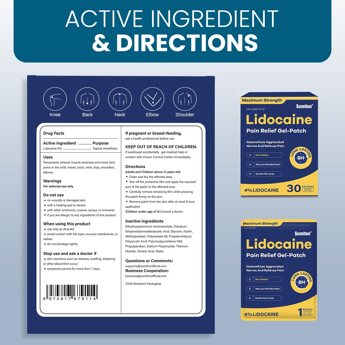 Sumifun 4% Lidocaine Pain Relief Patches 30 Count Maximum Strength Numbing Gel Patch for Back Knee Neck Joint Ache Muscle Soreness Topical Analgesic SumifunBuy Supplements Australia