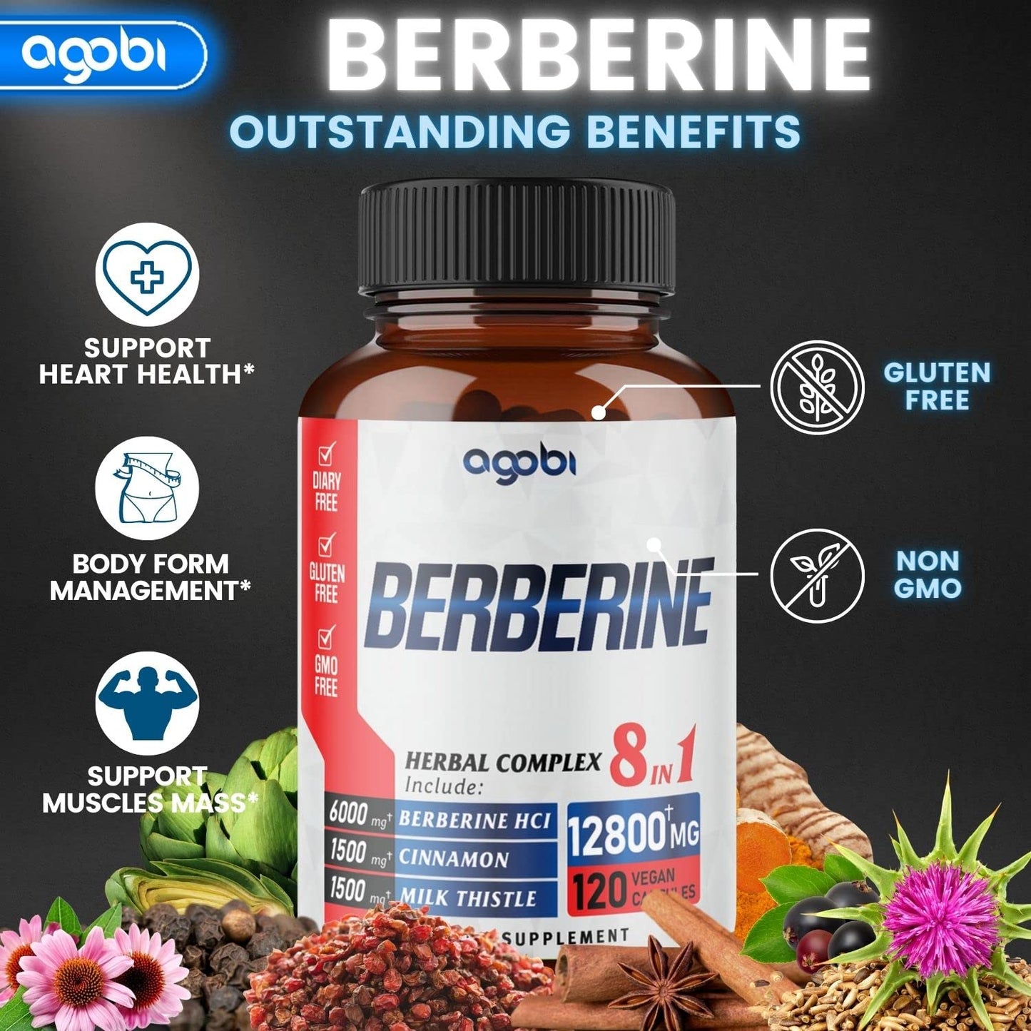 120 Capsules - Berberine Supplement 12800mg with Ceylon, Milk Thistle, Turmeric agobiBuy Supplements Australia