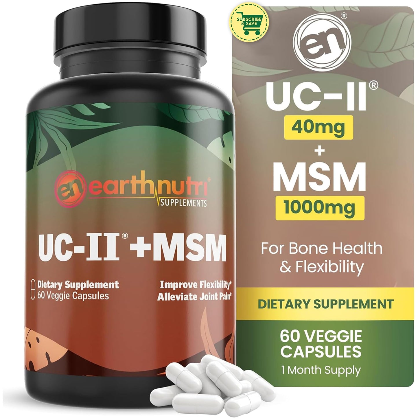 EarthNutri UC-II Collagen & MSM Supplement for Bone Health and Joint Flexibility Joint Supplement - 40mg UC-II Providing 10mg Total Collagen & 1000mg MSM - 60 Capsules (2 Caps Daily) EarthNutriBuy Supplements Australia