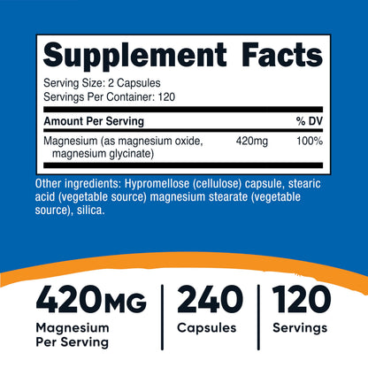 Nutricost Magnesium+ Extra Strength 420mg, 240 Capsules - 120 Servings. Magnesium Oxide and Glycinate - Non-GMO, Gluten Free, Vegan Friendly NutricostBuy Supplements Australia