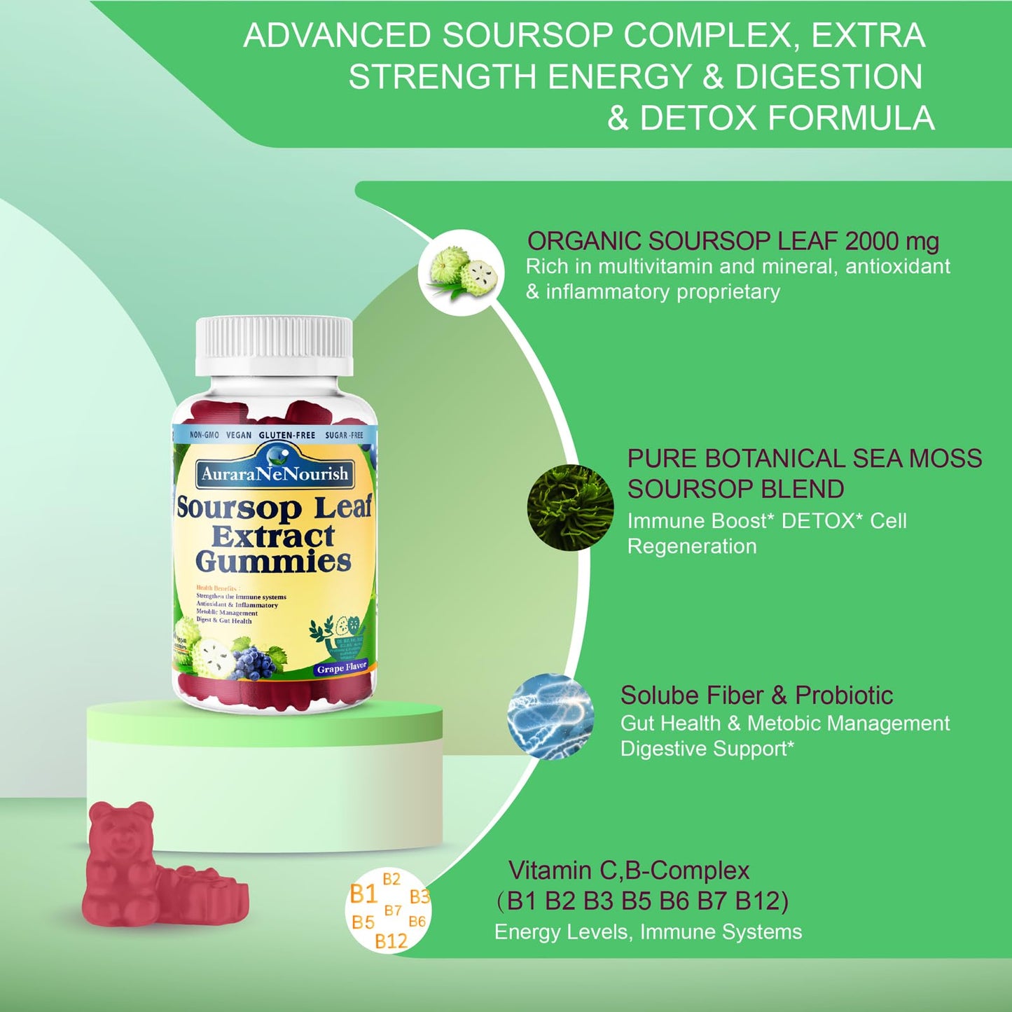 AuraraNeNourish Sugar Free Soursop Gummies with Probiotics & Fiber 100 Billion CFUs, Organic Soursop Leave Extract with Vitamin C B-Complex for Digestive Gut Health, Energy Balance, Immune Boost AuraraNeNourishBuy Supplements Australia