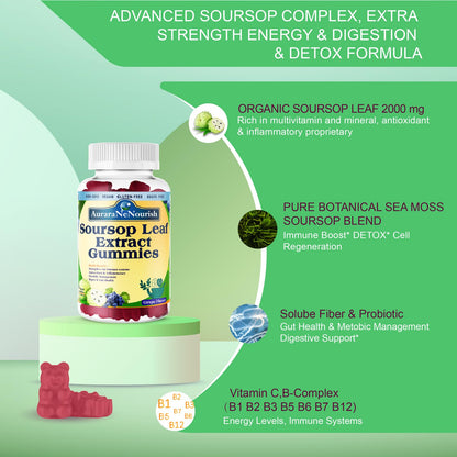 AuraraNeNourish Sugar Free Soursop Gummies with Probiotics & Fiber 100 Billion CFUs, Organic Soursop Leave Extract with Vitamin C B-Complex for Digestive Gut Health, Energy Balance, Immune Boost AuraraNeNourishBuy Supplements Australia
