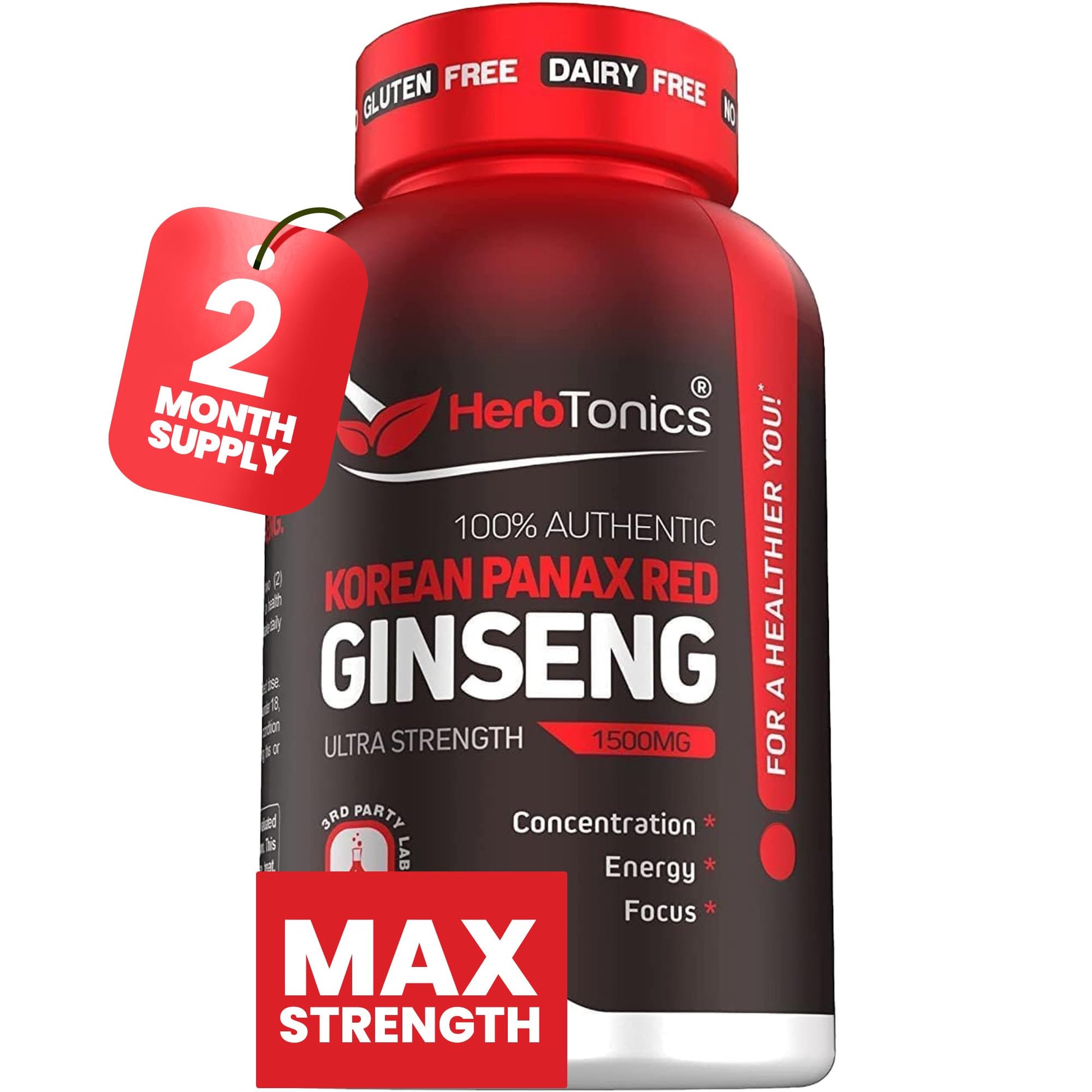 Herbtonics Korean Red Panax Ginseng 1500mg - Energy Supplement for Peak Performance, Focus & Vitality - High Potency Ginseng Root Extract - 120 Vegan Capsules HerbtonicsBuy Supplements Australia