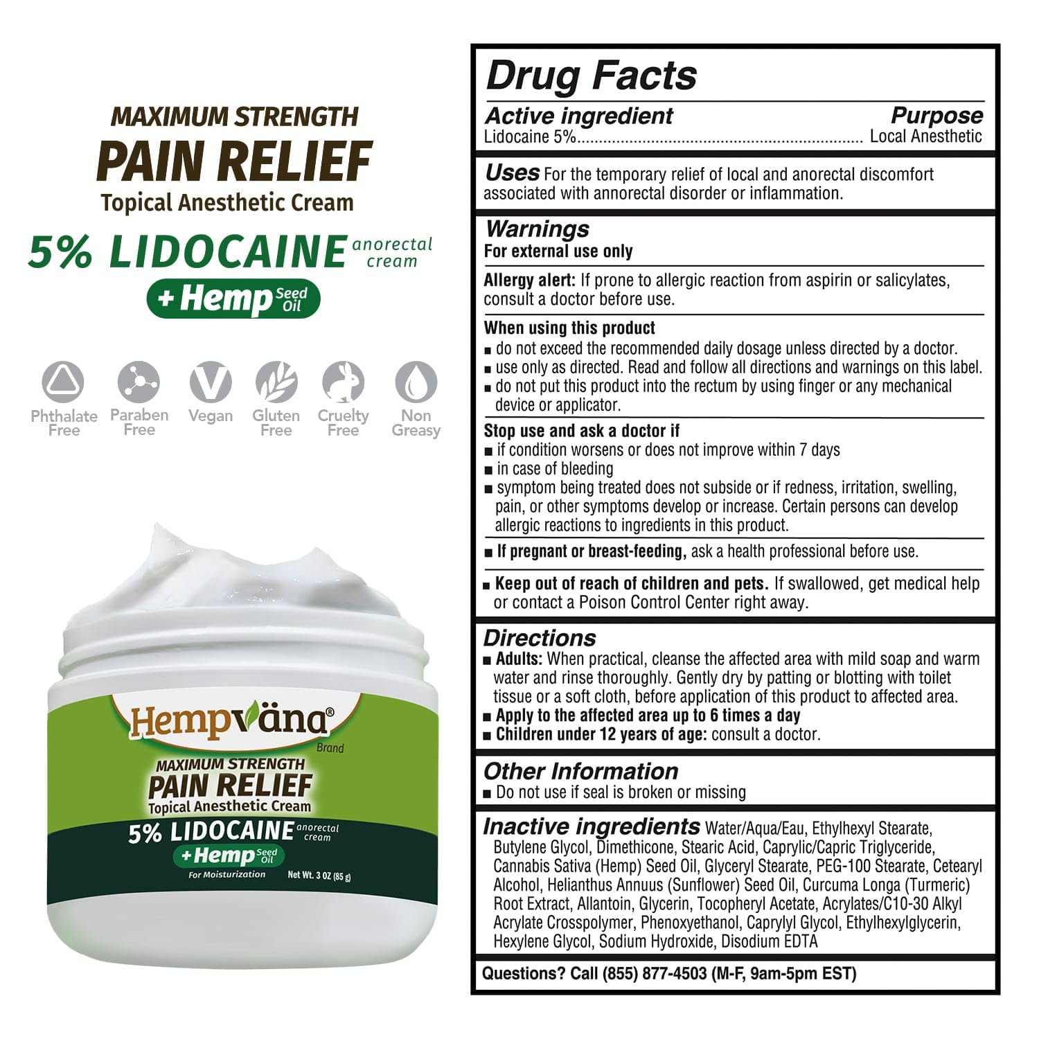 Hempvana 5% Lidocaine Relief Cream, Maximum Strength, AS-SEEN-ON-TV, Strong Cream, Numbs Irritated Nerves for Fast Anorectal Relief, Non-Greasy, Targeted Long-Lasting Relief. Enriched with Hemp, 3 Oz HempvanaBuy Supplements Australia