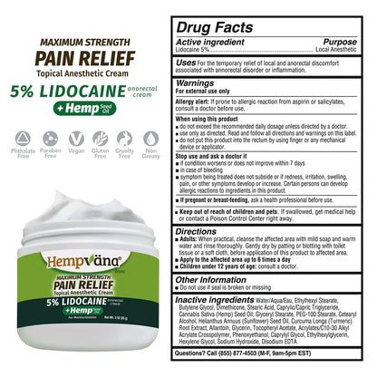 Hempvana 5% Lidocaine Relief Cream, Maximum Strength, AS-SEEN-ON-TV, Strong Cream, Numbs Irritated Nerves for Fast Anorectal Relief, Non-Greasy, Targeted Long-Lasting Relief. Enriched with Hemp, 3 Oz HempvanaBuy Supplements Australia