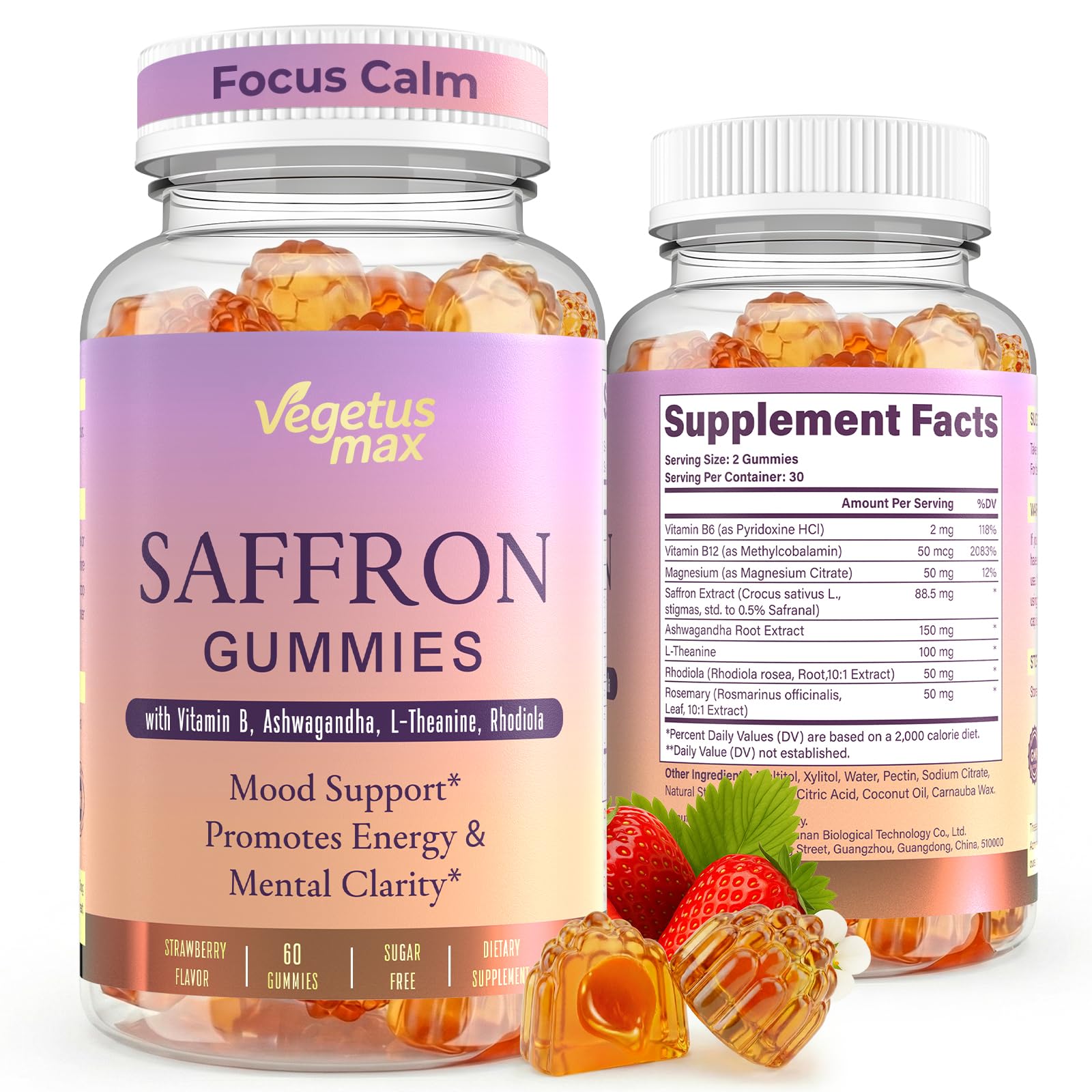 Saffron Supplements Gummies, 88.5mg Pure Saffron Extract with Ashwagandha L-Theanine Rhodiola Rosemary Magnesium Vitamin B6 B12 for Mood Focus Support Adults Kids - 60 Count VEGETUSMAXBuy Supplements Australia
