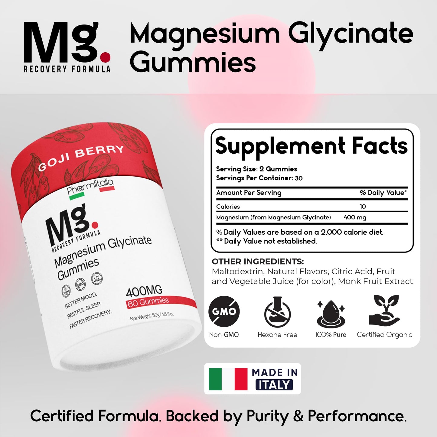 Magnesium Glycinate Gummies 400mg - Sleep Gummies for Kids & Adults - Magnesium Glycinate Chewable High Absorption for Muscle Recovery, Better Sleep & Relaxation (Gojiberry) PharmlitaliaBuy Supplements Australia