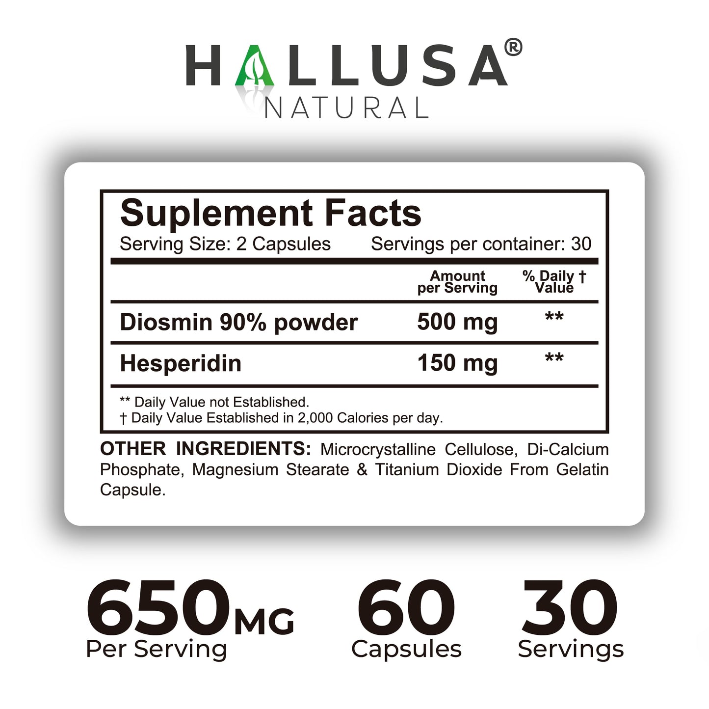 Hallusa Natural Hallosmine Ultra Diosmin 500mg & Hesperidin 150mg – Heavy Legs, Swelling & Vein - Blood Circulation Supplements, 60 Caps Hallusa NaturalBuy Supplements Australia
