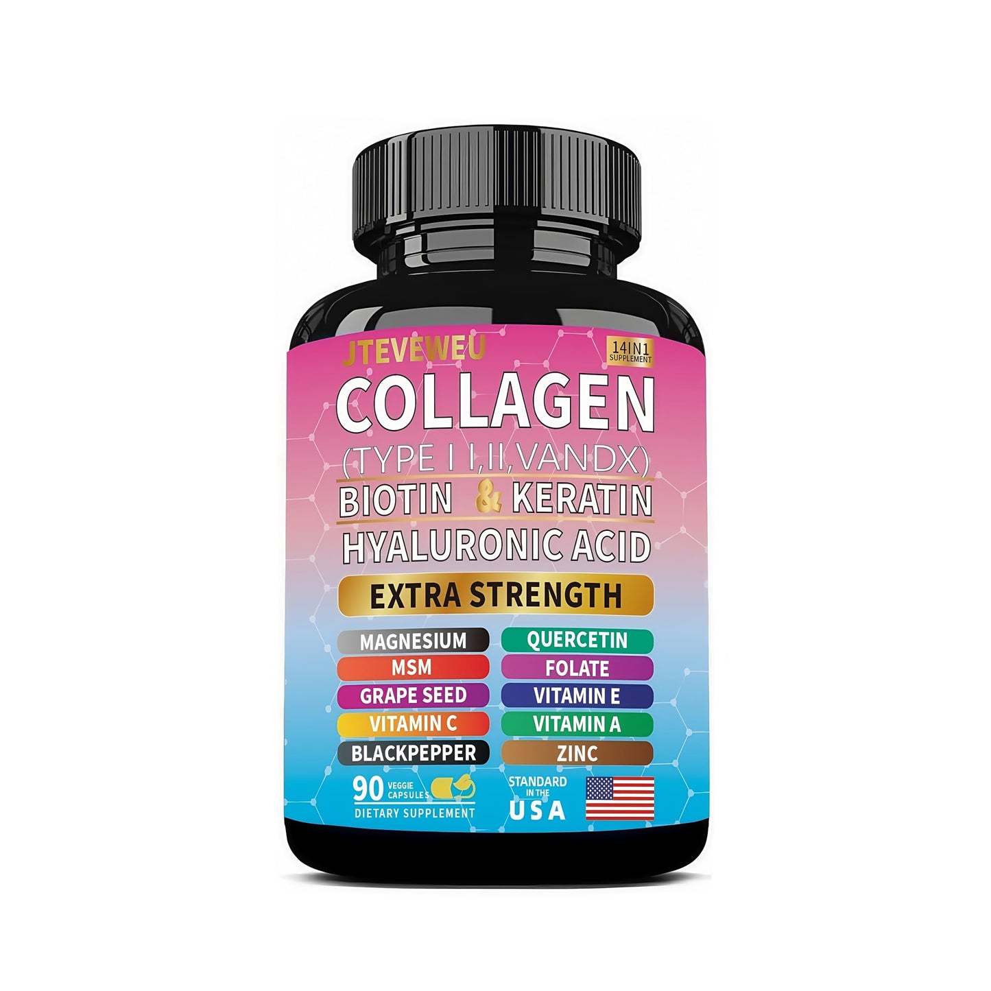 JTEVEweu Collagen Supplement - Type I, II, III, V and X - with Biotin, Keratin, Hyaluronic Acid & 13+ Extra Strength Ingredients - （90 Capsules） JTEVEweuBuy Supplements Australia