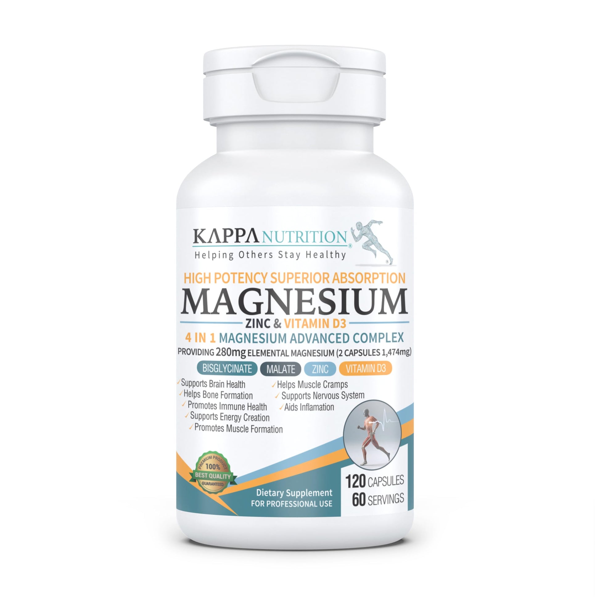 Kappa Nutrition Magnesium 4-in-1, 280mg Elemental Magnesium (Bisglycinate, Malate) + Zinc & Vitamin D3, Brain, Sleep, Energy, Muscle, Immune Support, 120 Vegan Capsules. KAPPA NUTRITIONBuy Supplements Australia