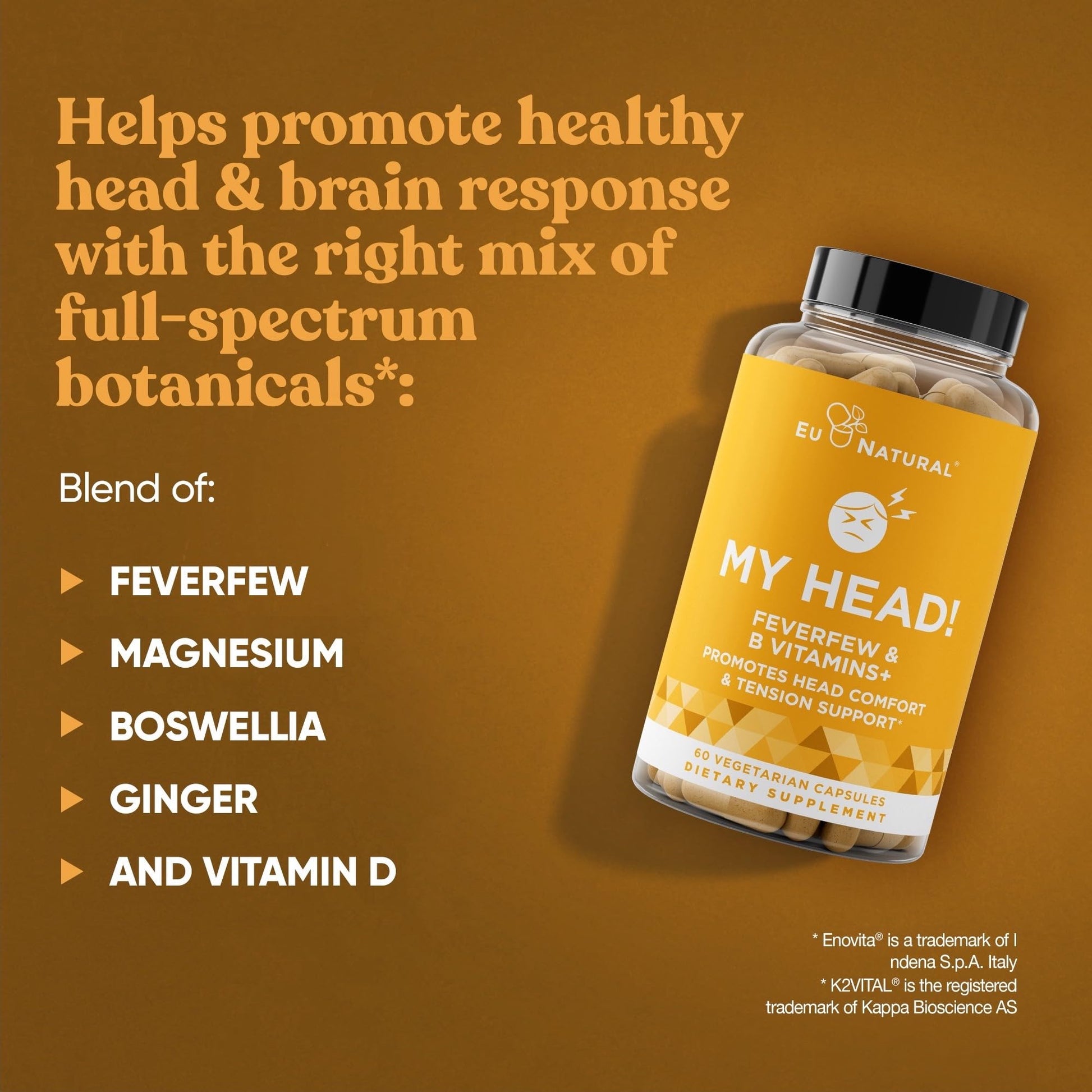 My Head! Headache Vitamins – Sensitivity, Tension, Comfort, Healthy Head Function for A Clear Mind – Fast acting Magnesium, Feverfew, Boswellia, Vitamin D, Ginger, & More – 60 Soft Capsules Eu NaturalBuy Supplements Australia