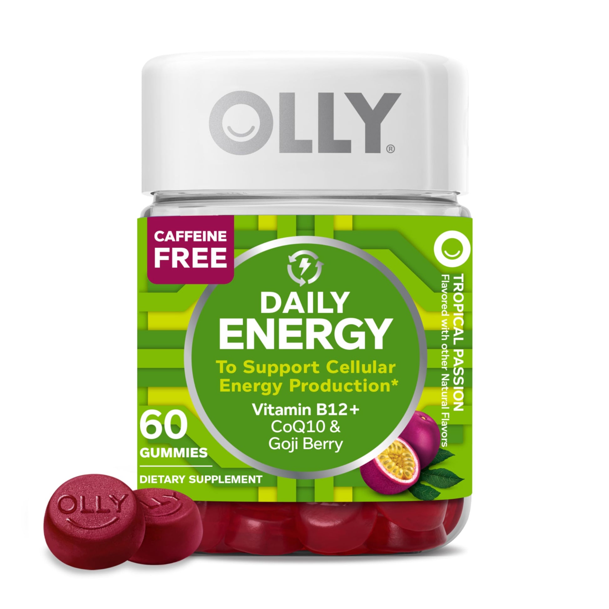 OLLY Daily Energy Gummy, Caffeine Free, Vitamin B12, CoQ10, Goji Berry, Adult Chewable Supplement, Tropical Flavor - 60 Count OLLYBuy Supplements Australia
