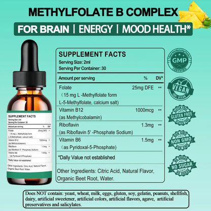 Methylfolate Supplement Liquid Drops, L Methy Folate 15mg Plus Methy B12, B6, B2 Multivitamin, Metabolically Active 5-MTHF Form AMENQ hHEALTHBuy Supplements Australia