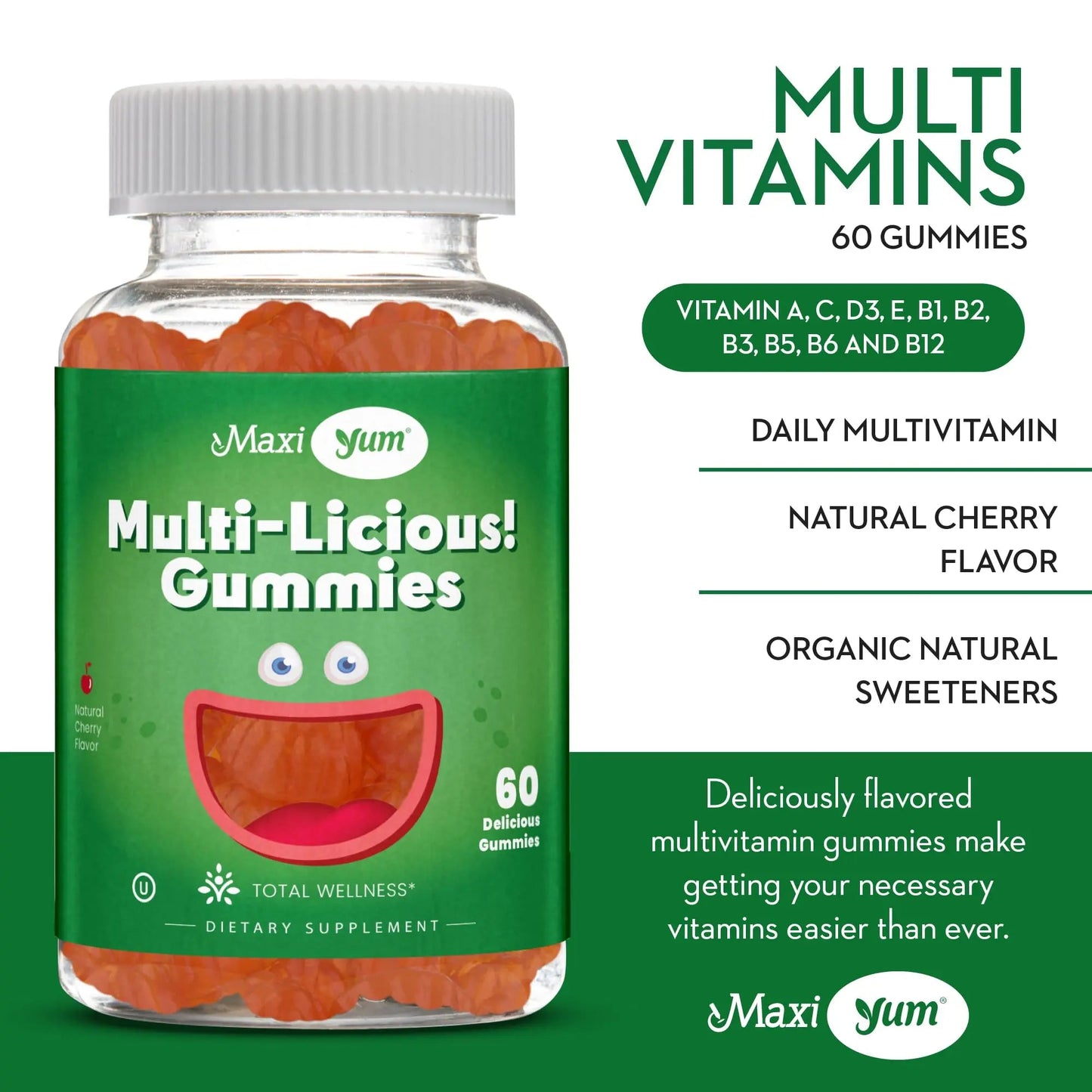 Maxi Health Multivitamin Gummies Vitamins for Adults & Kids - Cherry Flavored Gummy Multivitamins - 60 Vitamin Gummies for Women and Men Maxi Health