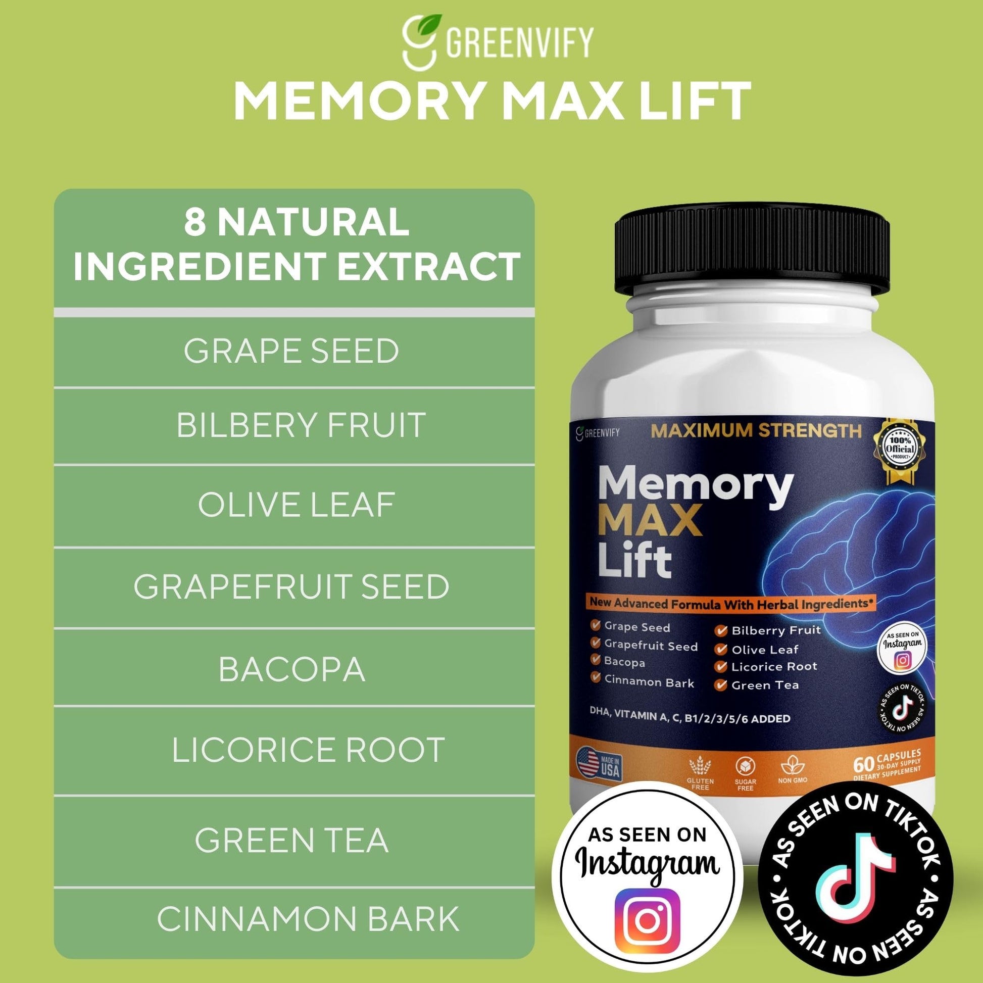 GREENVIFY Memory MAX Lift Brain Support Supplement, 60 Capsules, with Vitamins and Herbal Blend, 30 Day Supply (1) GREENVIFYBuy Supplements Australia