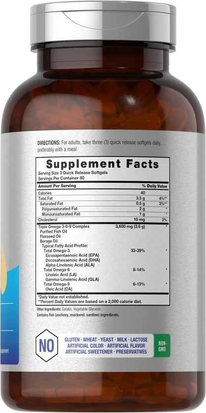 Triple Omega 3-6-9 240 Softgels | from Fish, Flaxseed, Borage Oils | Non-GMO & Gluten HorbäachBuy Supplements Australia