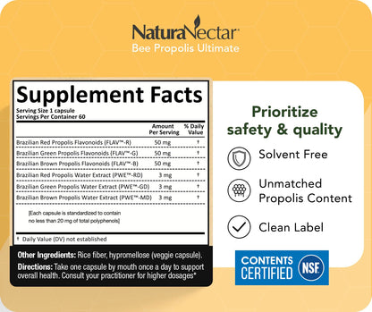 NaturaNectar - Ultimate Bee Propolis Capsules - NSF Contents Certified -Brazilian Red, Brown, & Green - Gluten-Free Supplement with Flavonoids - Naturally Sourced Through Ethical Beekeeping (60pcs.) NaturaNectarBuy Supplements Australia