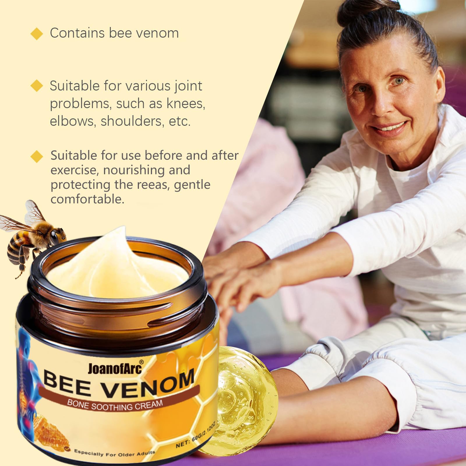 Bee Venom Joint Cream, Natural Bee Venom Skin Cream, Bee Venom Advanced Joint & Bone Cream, Suitable for Everyday Back, Waist, Neck, Hands, Knees, Light Non-Sticky for Men Women Aldult - 2.11 Oz/60g JoanofArcBuy Supplements Australia