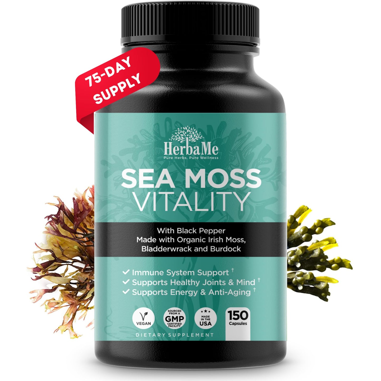 HerbaMe Organic Irish Sea Moss with Bladderwrack, Burdock Root & Black Pepper Extract, 150 Capsules, Thyroid Support, Natural Iodine Source, Promotes Immune System, Cell Food, Alkaline Supplement HerbaMeBuy Supplements Australia