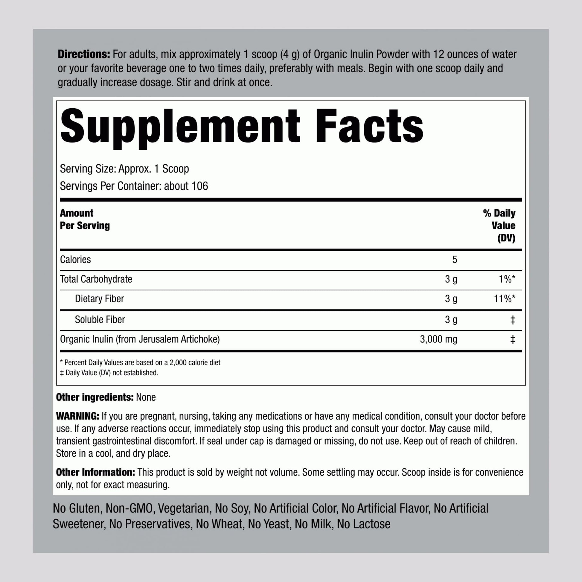 Piping Rock Organic Inulin Powder | 15 oz | Soluble Fiber Supplement | FOS Powder | Vegetarian, Non-GMO, Gluten Free Piping RockBuy Supplements Australia