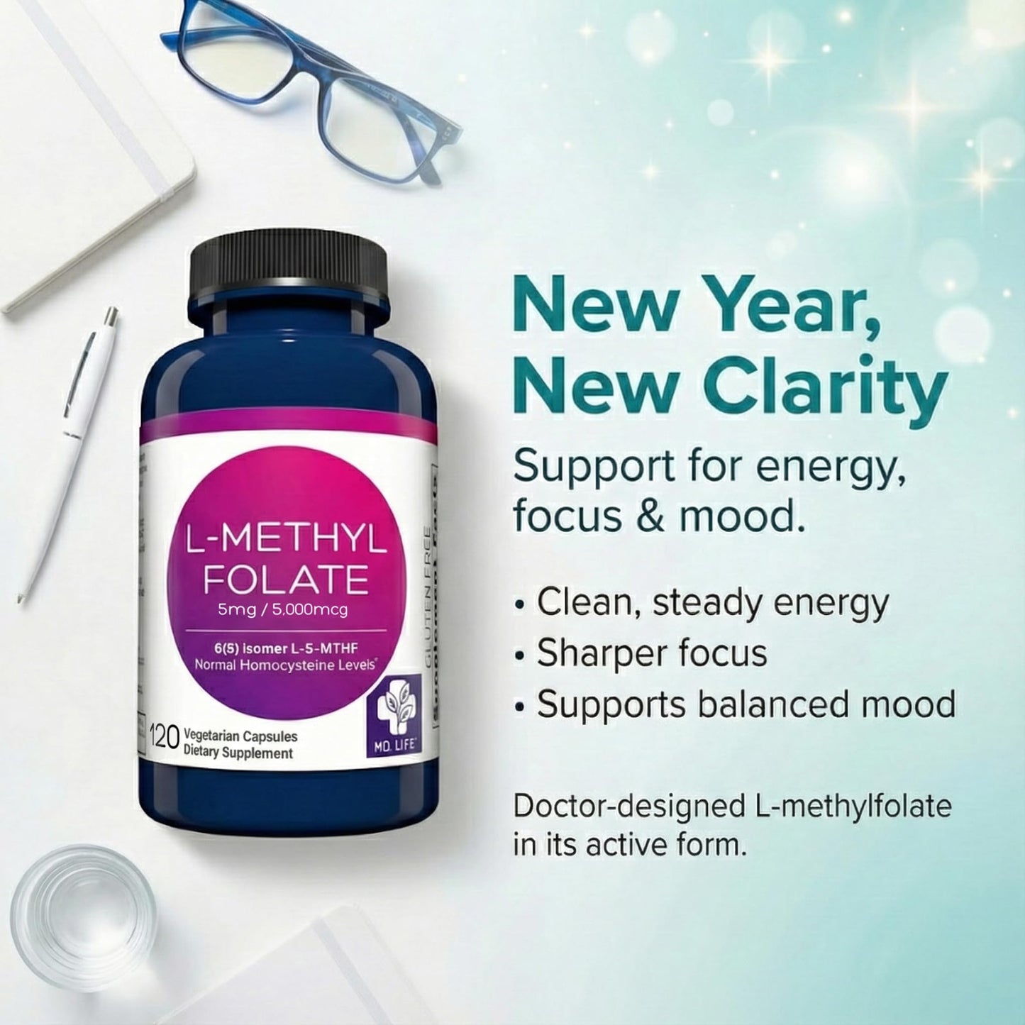 MD Life L-Methylfolate 5 mg Supplement - Professional-Grade Active L Methylfolate Supplement - 120 Capsules - L-Methylfolate 5mg - Maximum Potency MTHFR W/Essential Amino Acids MD.LIFEBuy Supplements Australia