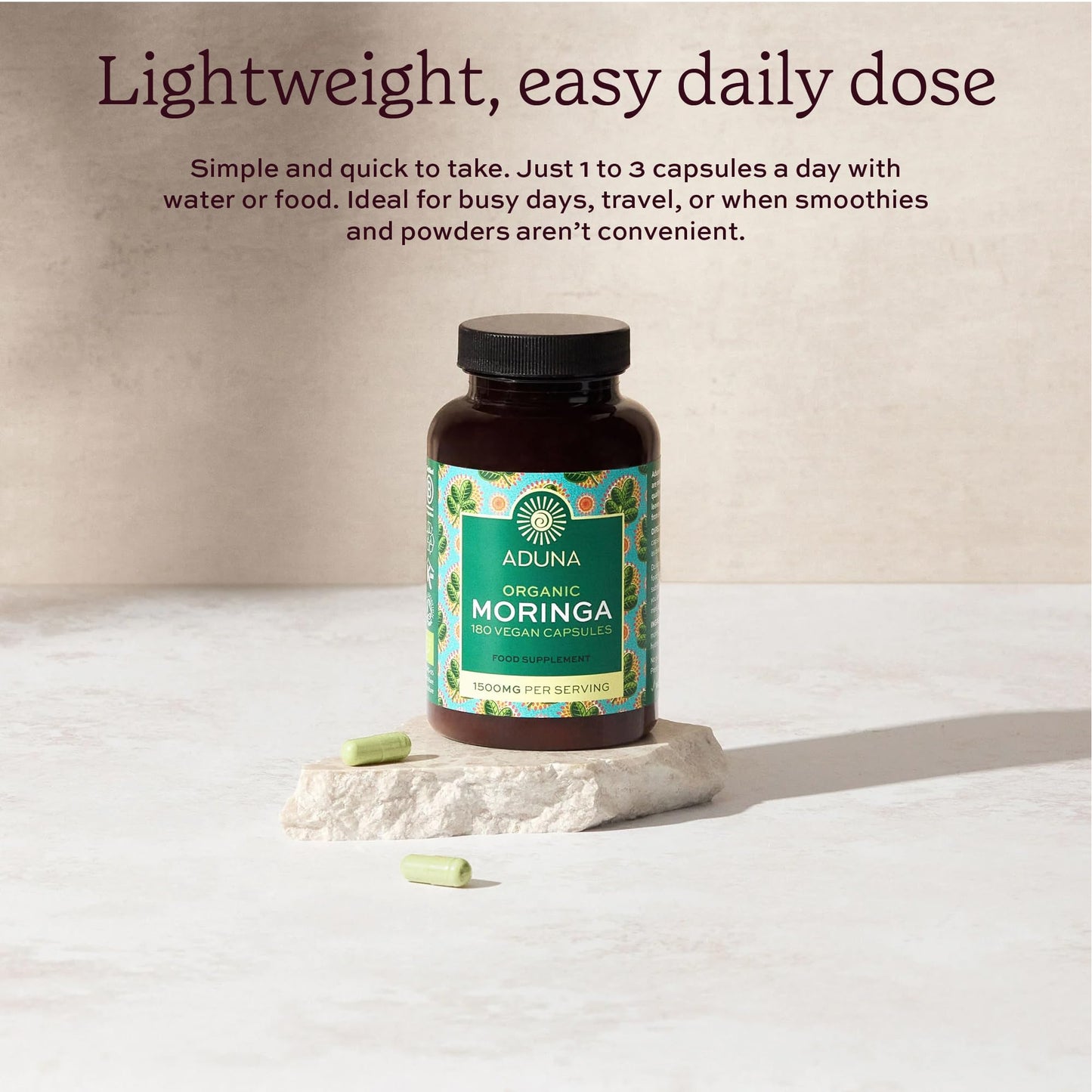 Aduna Organic Moringa Capsules 1500mg | 100% Pure Moringa Leaf for Energy, Immunity & Focus | Natural Plant-Based Food Supplement for Tiredness, Recovery & Breastfeeding | 180 Vegan Capsules AdunaBuy Supplements Australia