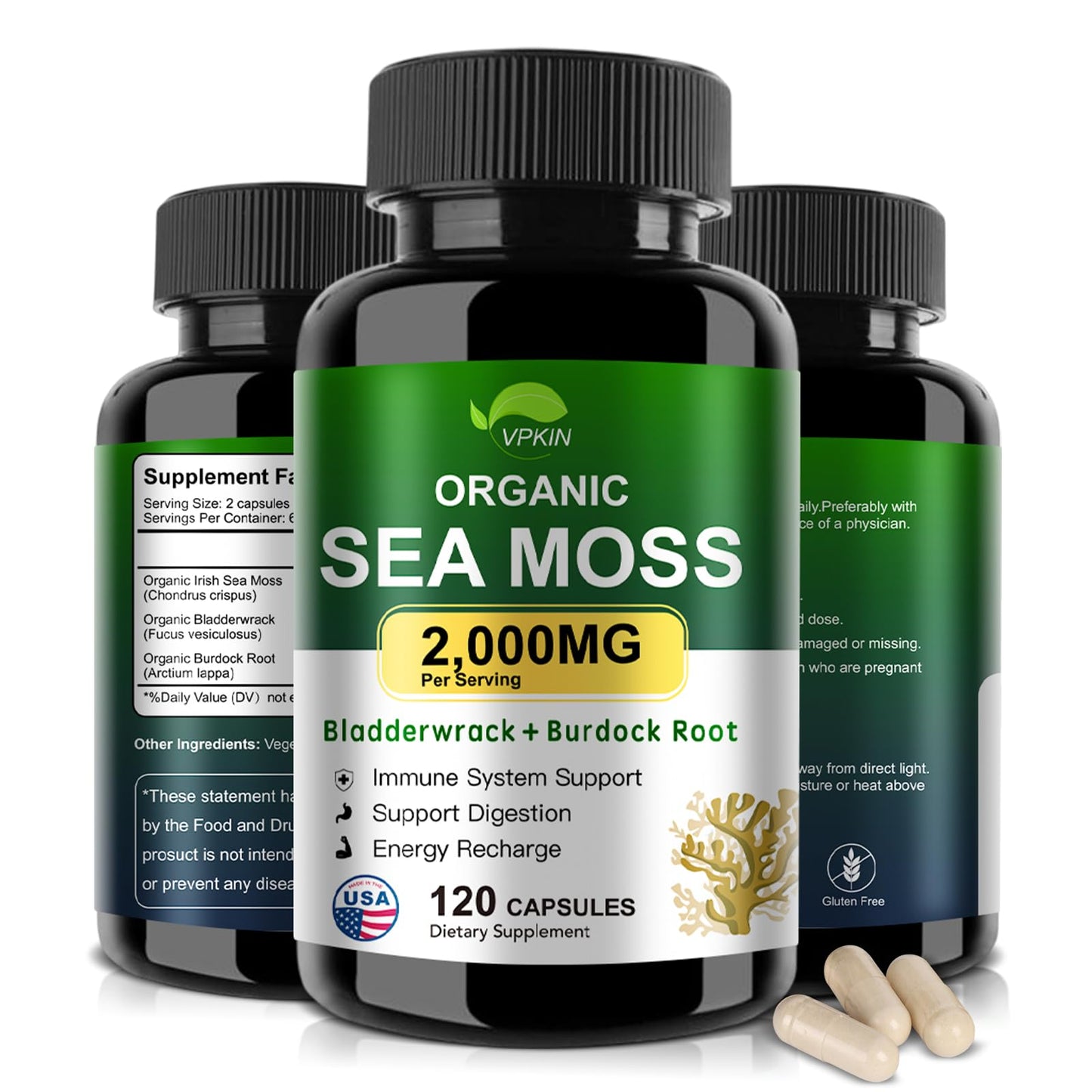 VPKIN Organic Sea Moss Capsules with Bladderwrack,Burdock Root and Black Pepper Extract-Irish SeaMoss Pills 2000mg-Promotes Immune System,Thyroid Support(120 Capsules) VPKINBuy Supplements Australia
