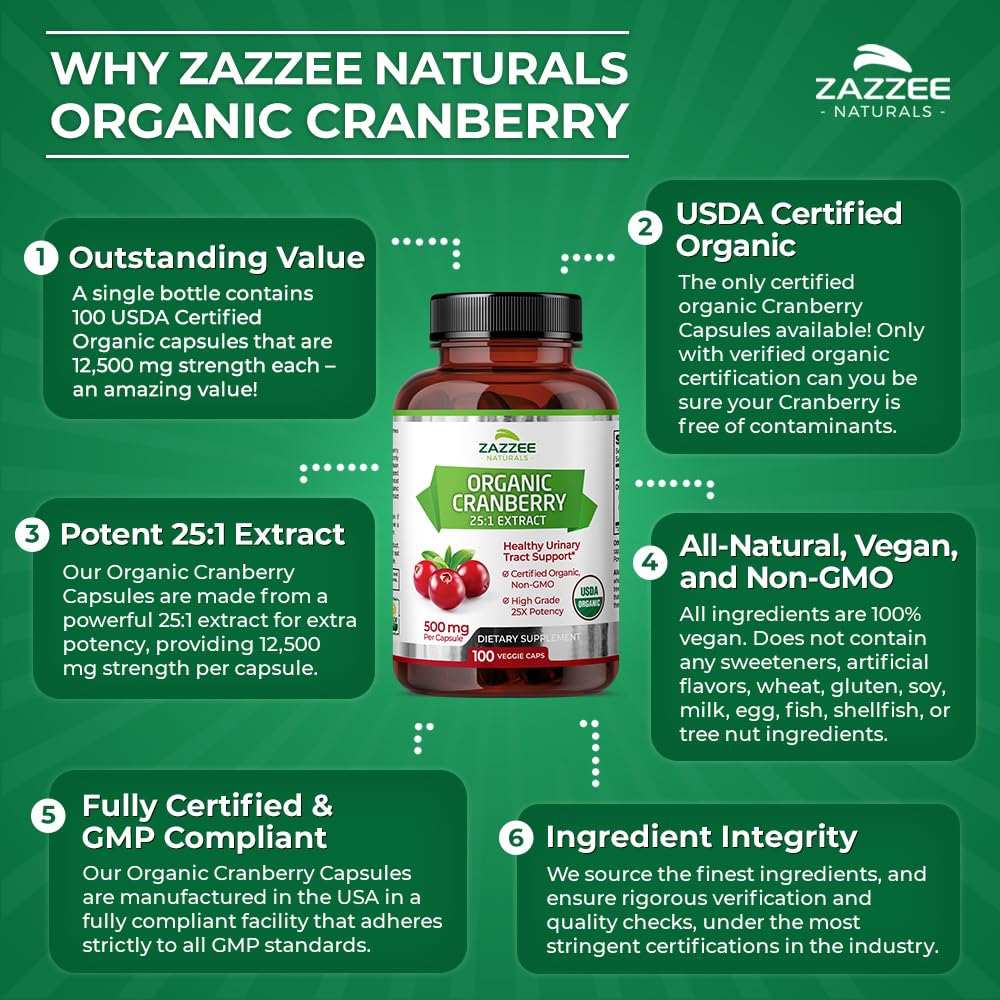 Zazzee USDA Organic Cranberry 25:1 Extract, 12,500 mg Strength, 100 Vegan Capsules ZazzeeBuy Supplements Australia