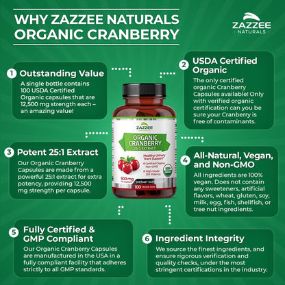 Zazzee USDA Organic Cranberry 25:1 Extract, 12,500 mg Strength, 100 Vegan Capsules ZazzeeBuy Supplements Australia