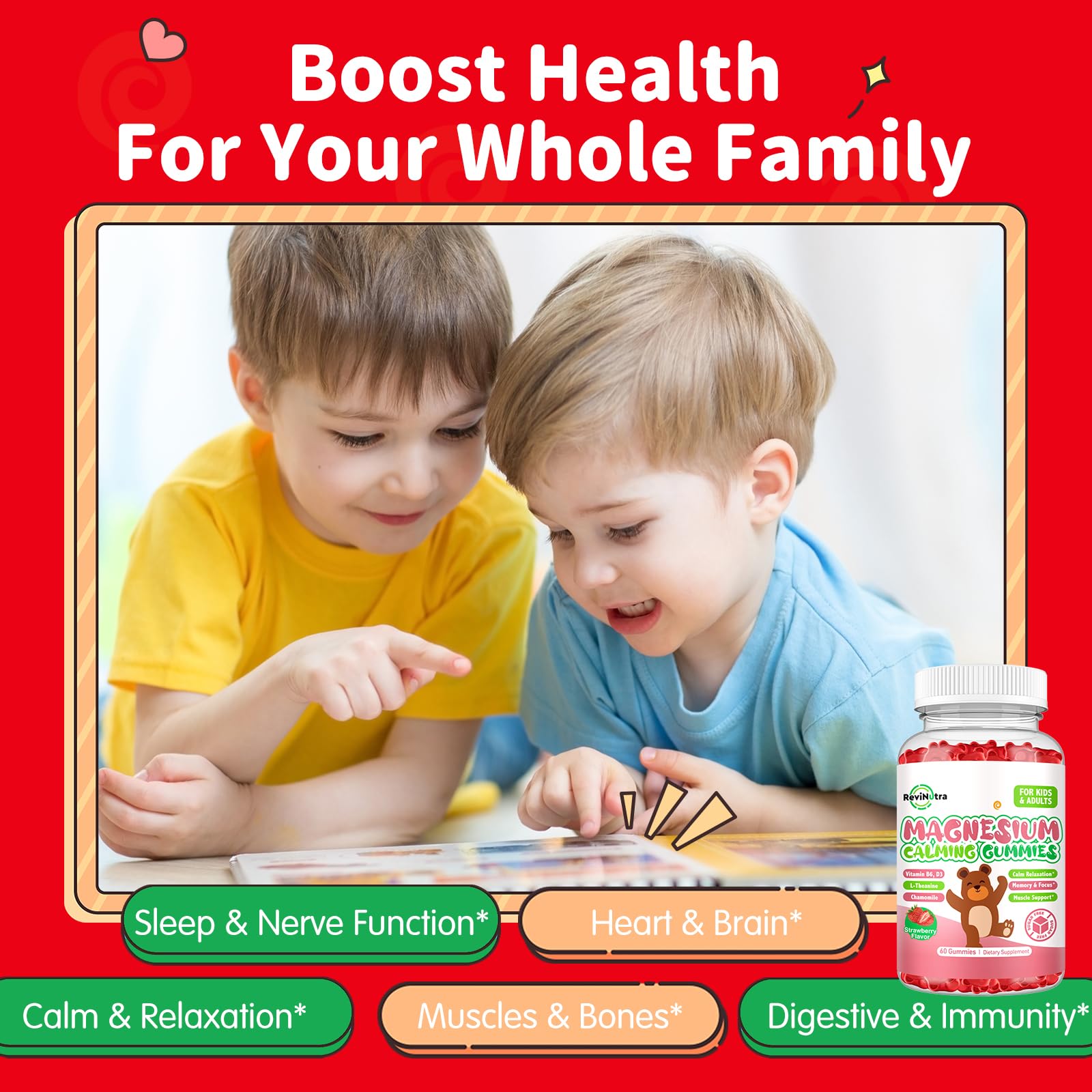 Magnesium Gummies for Kids - Magnesium Glycinate Gummies Supplement with L-Theanine, Vitamin B6, D3 for Kids & Adults Sleep, Calm, Relaxation, Brain, Bones, Sugar Free Strawberry 60ct ReviNutraBuy Supplements Australia