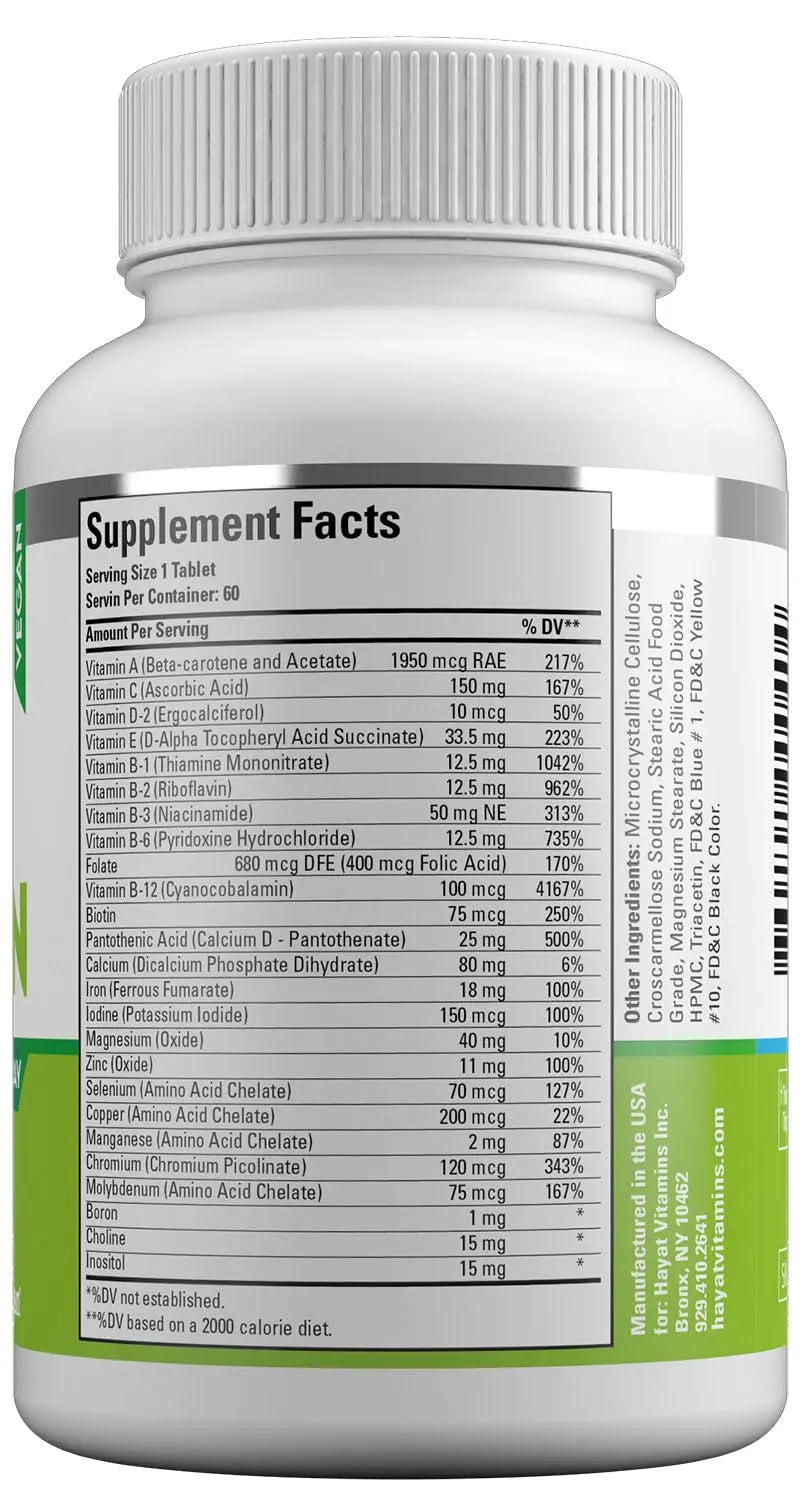 HAYAT Vitamins Vegan Natural Multivitamin, Daily Vitamins with Vitamin A, C, D, E, B1, B2, B3, B6, B12, Biotin, Zinc and More, 2 Month Supply, All Natural HAYAT