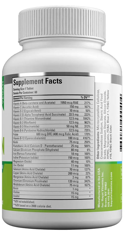 HAYAT Vitamins Vegan Natural Multivitamin, Daily Vitamins with Vitamin A, C, D, E, B1, B2, B3, B6, B12, Biotin, Zinc and More, 2 Month Supply, All Natural HAYAT