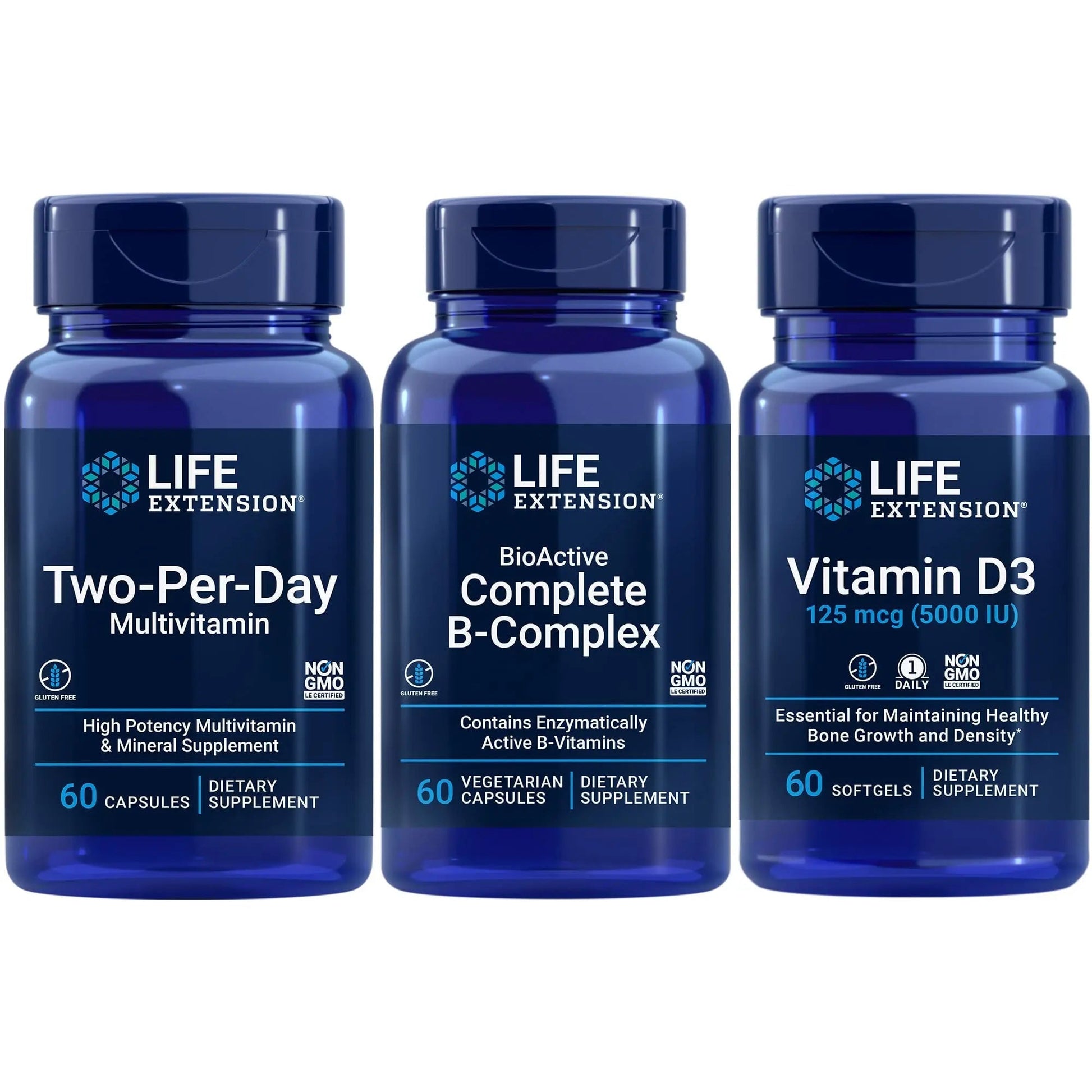 Life Extension Two-Per-Day Multivitamin, 60 capsules | BioActive Complete B-Complex, 60 capsules | Vitamin D3 125 mcg (5000 IU), 60 softgels | Bone & immune health, energy and metabolism support Life ExtensionBuy Supplements Australia
