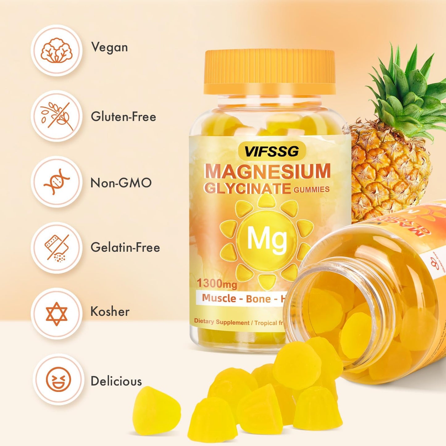 VIFSSG Magnesium Glycinate Gummies 500 Mg, Triple Magnesium Complex Sugar-Free Gummies with Malate 400 Mg, Citrate 400 Mg, Magnesium Supplement Chewable