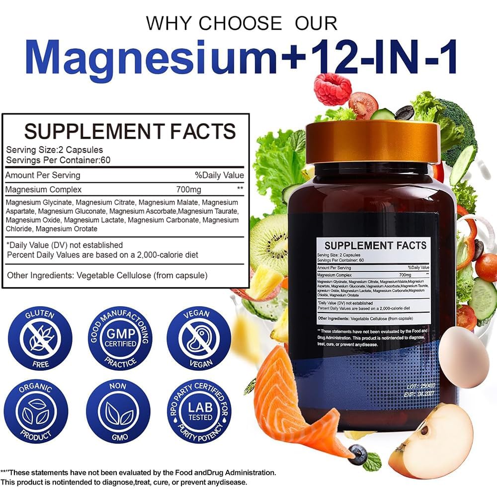 Magnesium Complex 700mg – 12-in-1 Magnesium Supplement with Glycinate, Citrate, Malate, Oxide, Taurate & More – High Absorption for Muscle, Heart, Sleep, Bone, Nerve Support –120 Capsules VccvaaBuy Supplements Australia
