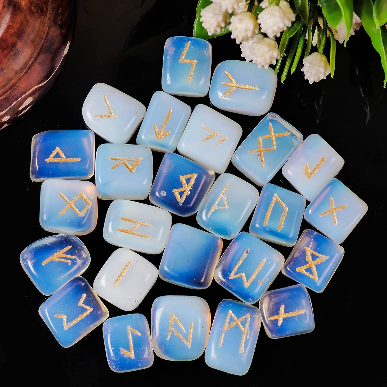 Opalite Rune Stone - Rune Set - Engraved Elder Futhark Alphabet Symbols - Witchcraft Crystals QUIPSABuy Supplements Australia